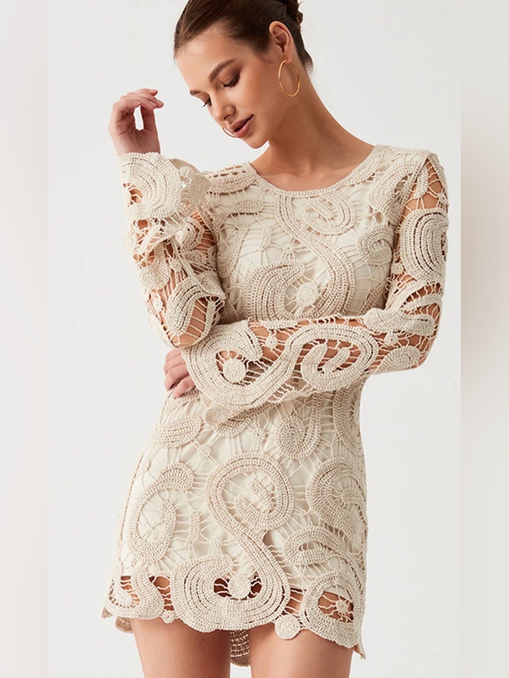 Commense Crochet Paisley Long Sleeve Short Dress Size Medium NWT - C27-100